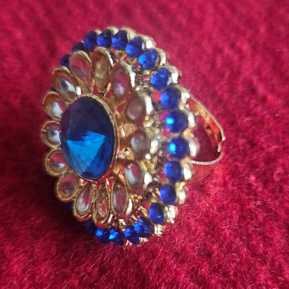 Blue and white stone gold ring bridal wedding kundan bollywood - Picture 3 of 3